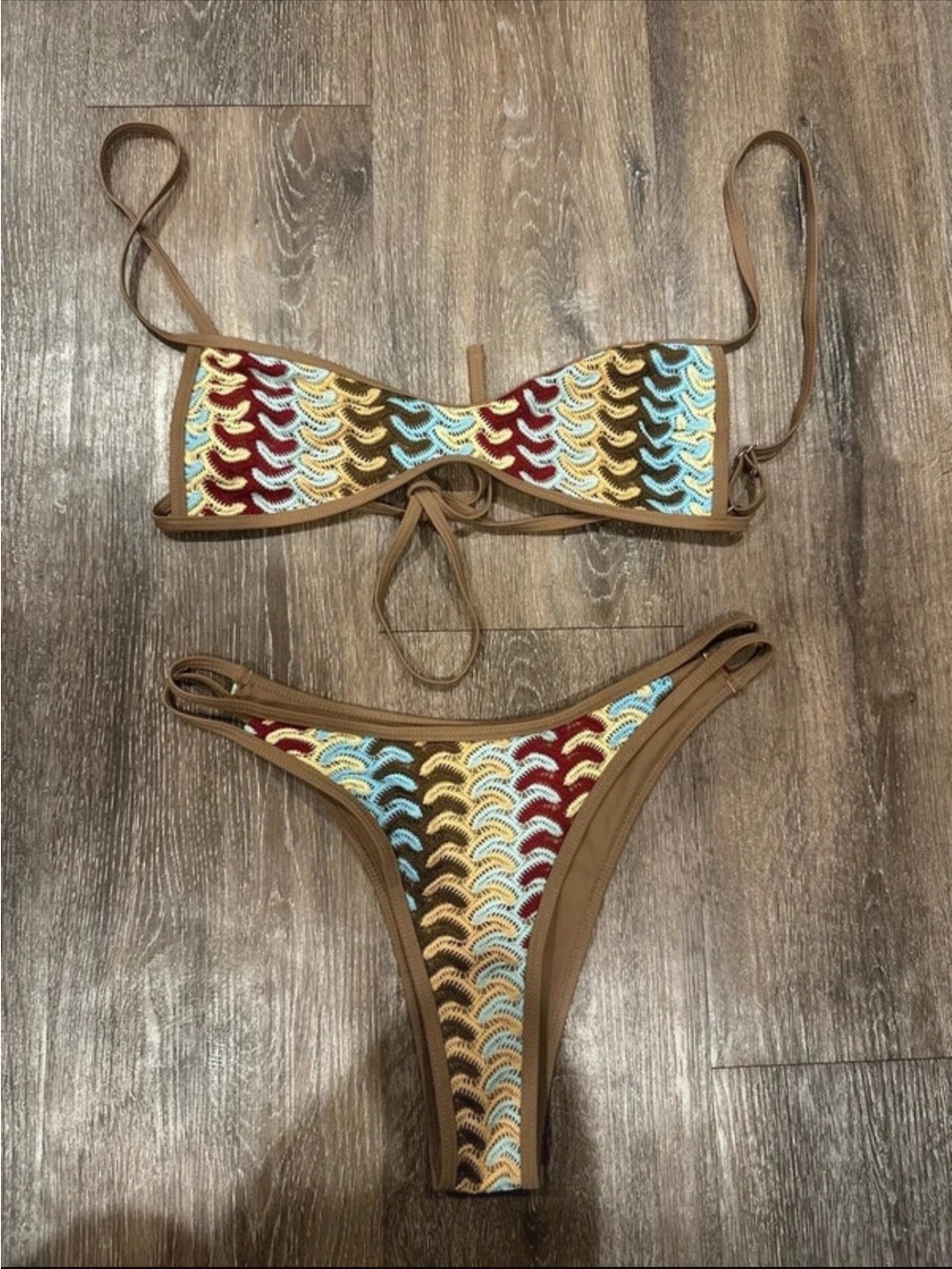Brown Multicolor Crochet-Style Bikini Set - Women Swim